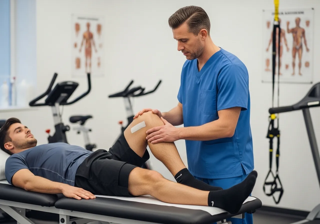 physiotherapist treating athlete knee injury