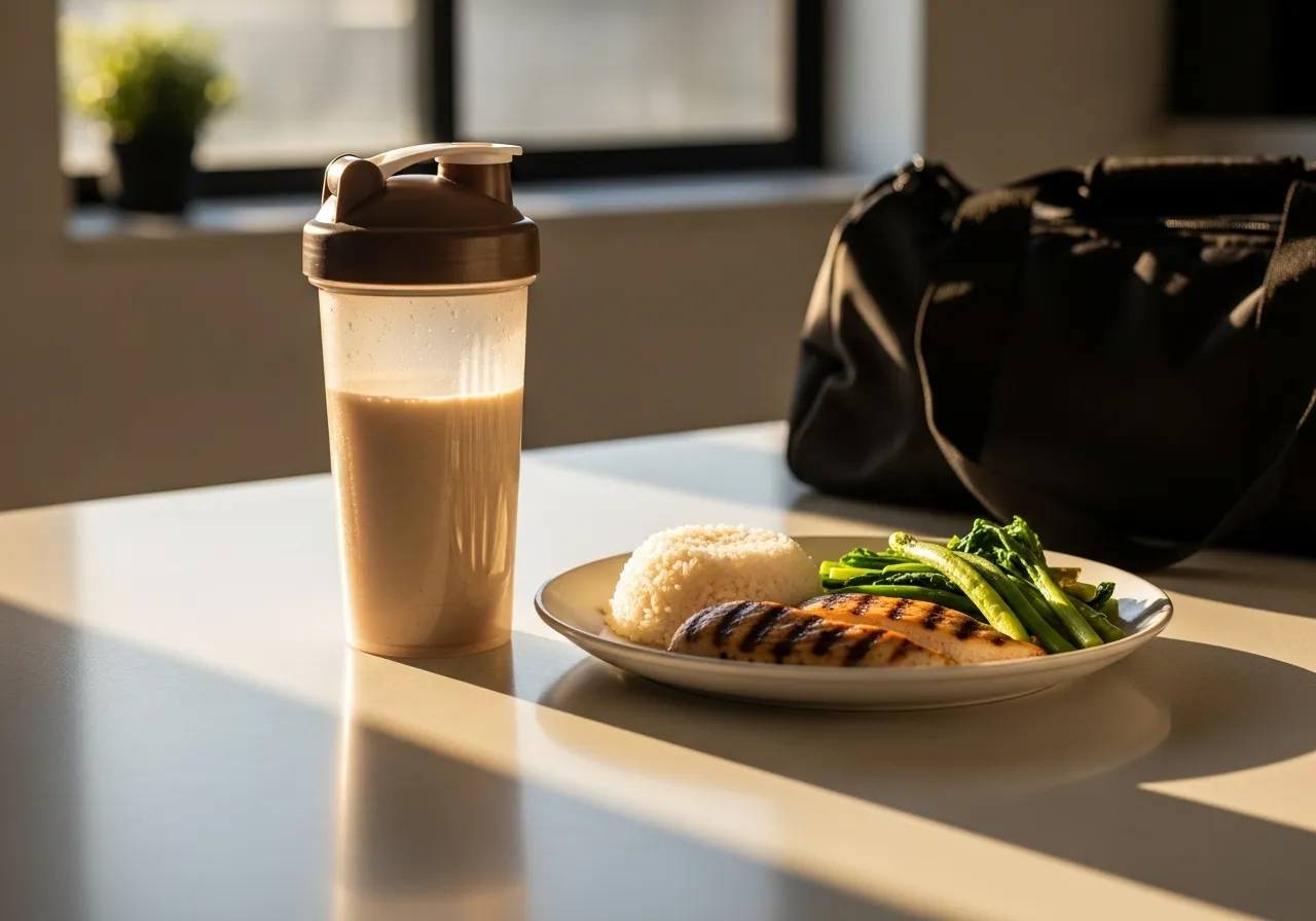 post-workout protein shake and food ready within anabolic window after gym session