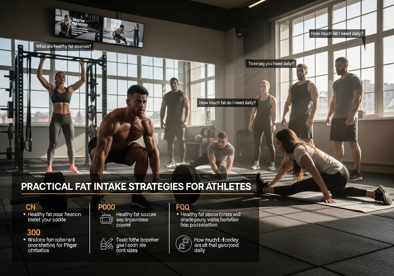 practical fat intake strategies and faqs, professional fitness photography, natural gym lighting, high-detail, sharp focus, photorealistic, authentic and motivating atmosphere