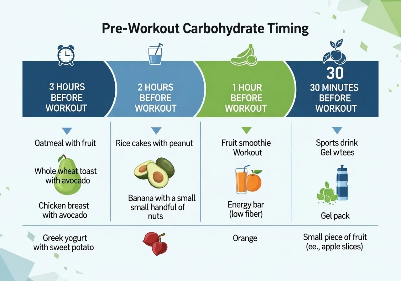 pre-workout carb timing chart showing 3hr 2hr 1hr 30min eating windows