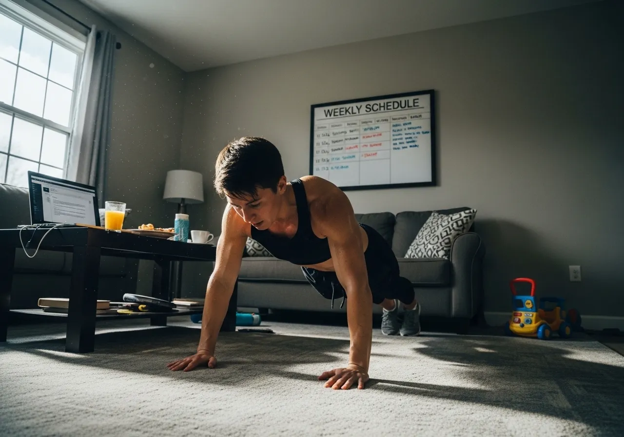 professional adult blocking workout time in phone calendar early morning showing exercise scheduling strategy, professional lifestyle photography