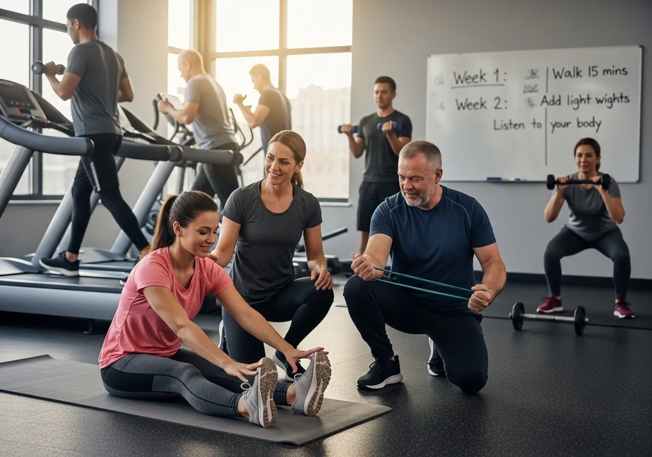 program design enjoyment expectations social support gym adherence, professional fitness photography, natural gym lighting, high-detail, sharp focus, photorealistic, authentic and motivating atmosphere