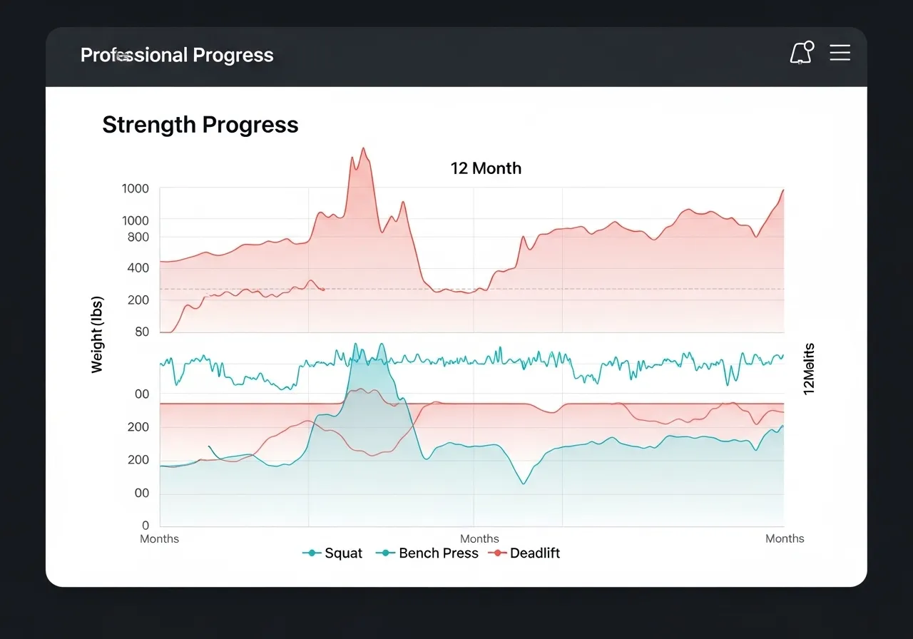 progress graph showing strength gains over 12 months tracked in fitness journal
