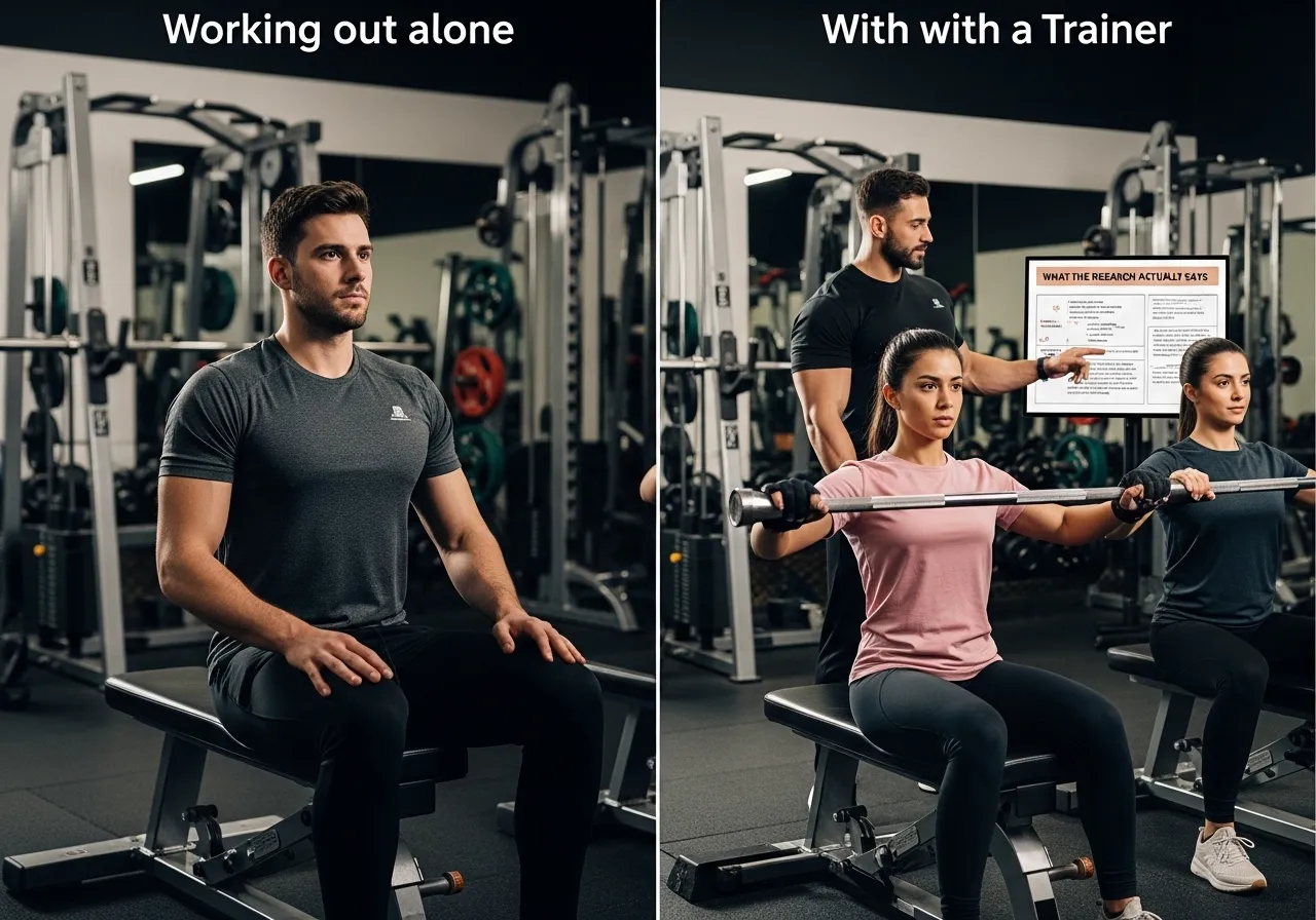 pros and cons of working out alone vs with a trainer complete comparison, professional fitness photography, natural gym lighting, high-detail, sharp focus, photorealistic, authentic and motivating atmosphere