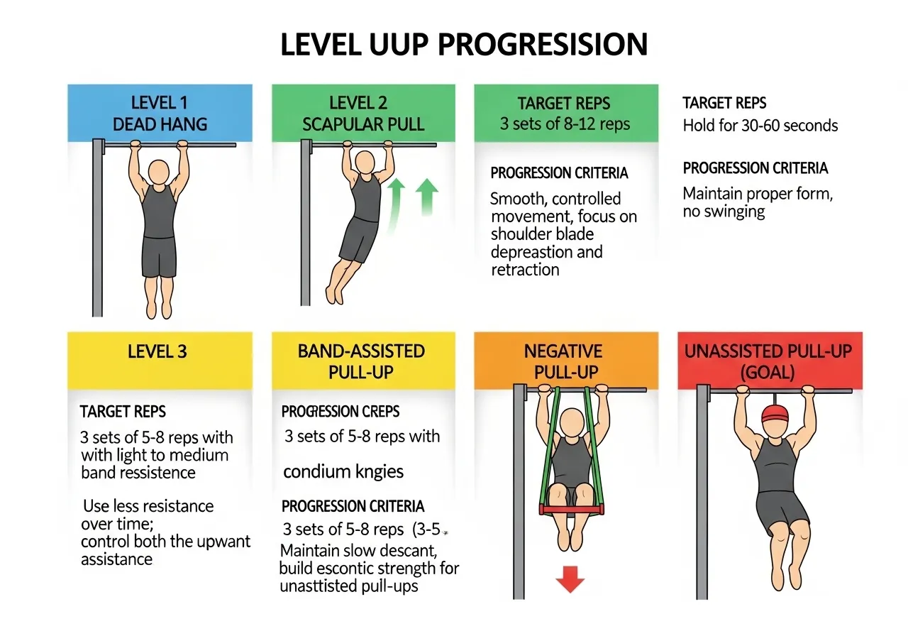 pull-up progression 4 levels dead hang assisted negative unassisted plan