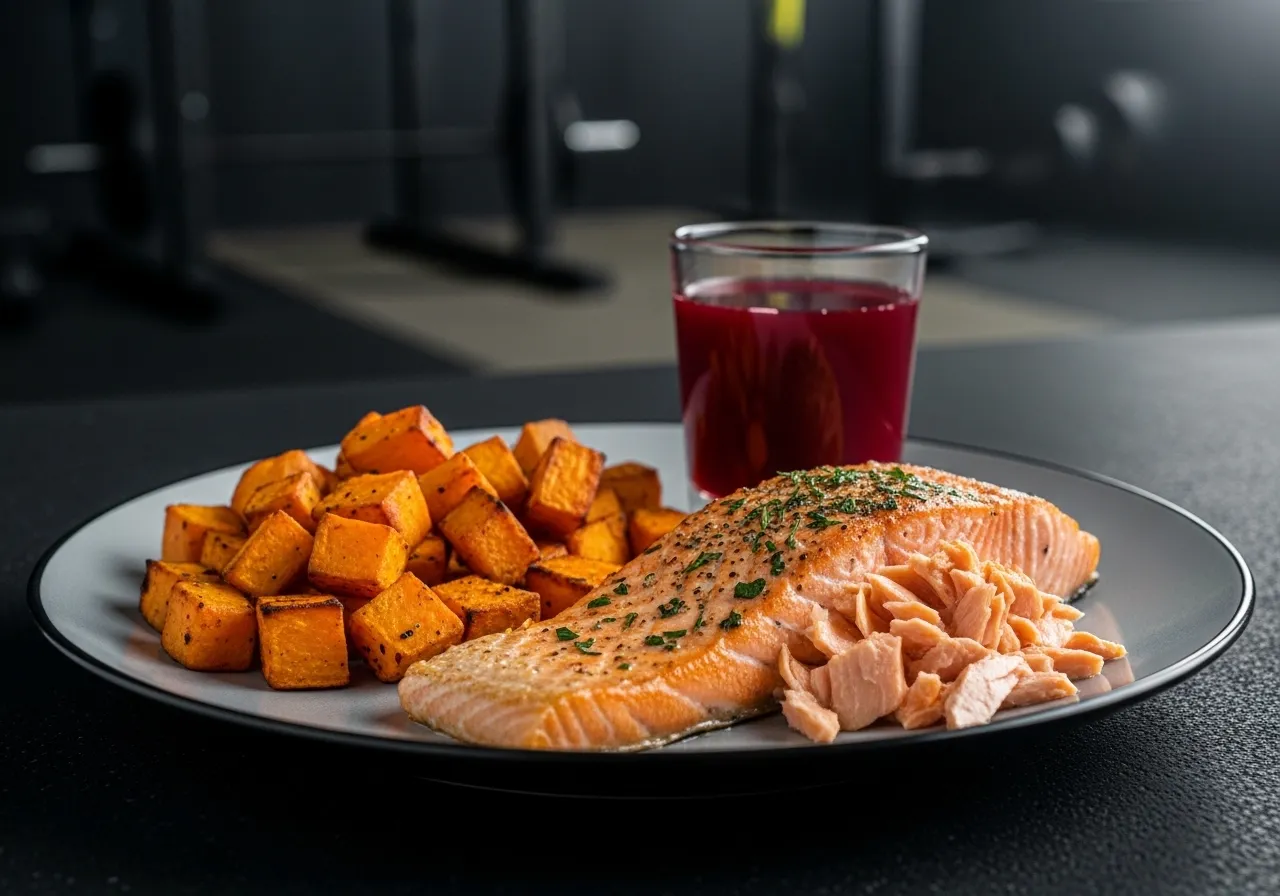 recovery nutrition meal with salmon sweet potato and tart cherry juice