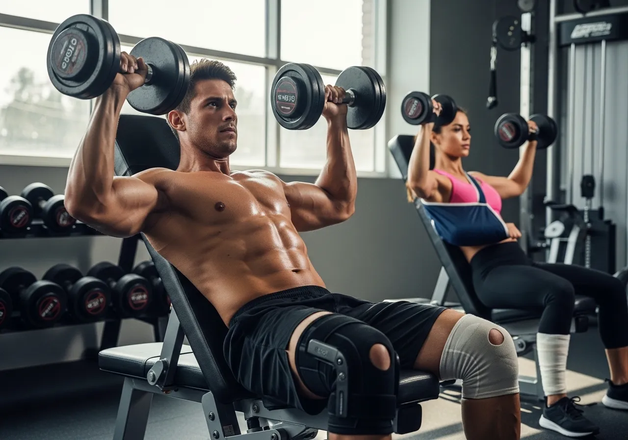 right mindset for training around an injury without making it worse, professional fitness photography, natural gym lighting, high-detail, sharp focus, photorealistic, authentic and motivating atmosphere