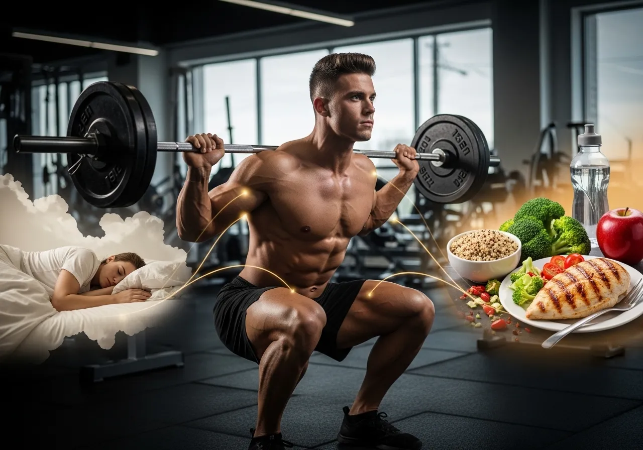 role of sleep and nutrition in muscle building complete evidence-based guide, professional fitness photography, natural gym lighting, high-detail, sharp focus, photorealistic, authentic and motivating atmosphere