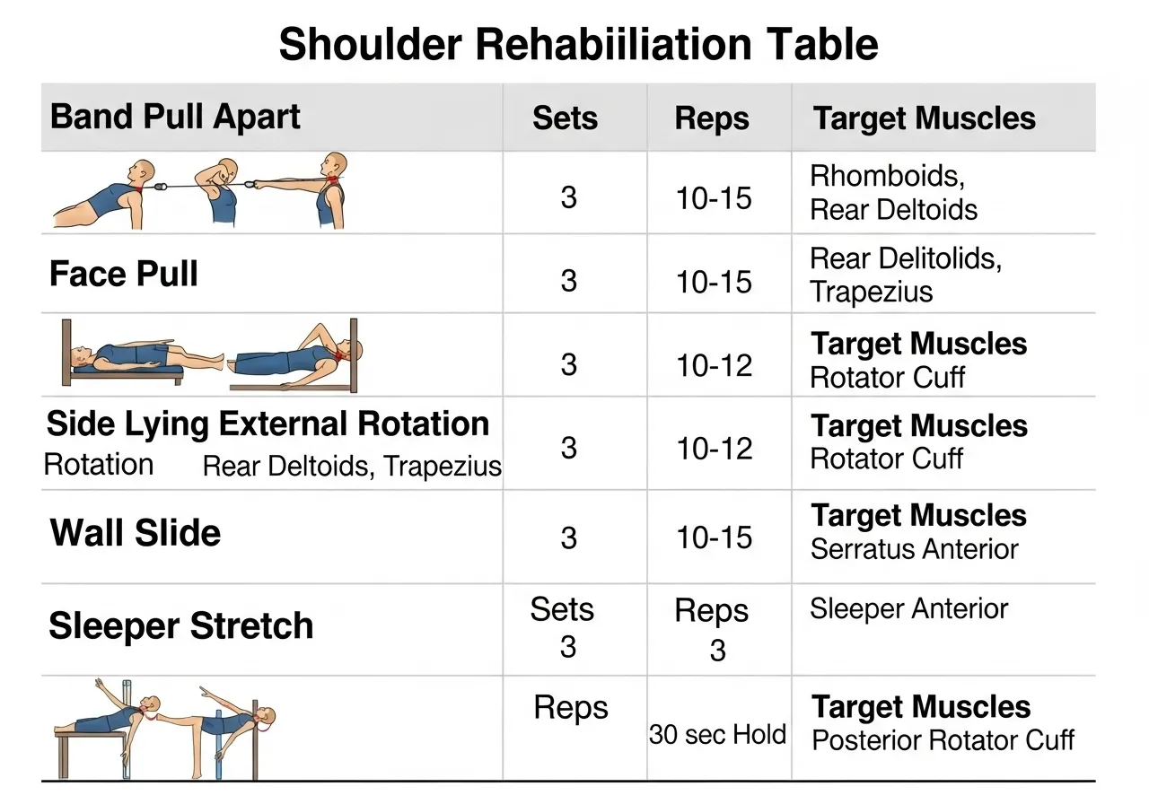 rotator cuff rehabilitation band pull apart face pull external rotation wall slide sleeper stretch