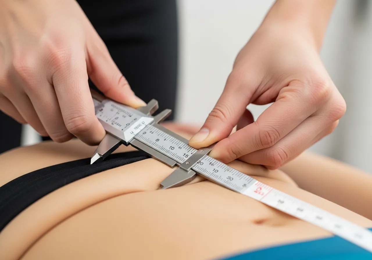 scale next to measuring tape and body fat calipers showing different body composition measurement tools, professional fitness photography flat lay