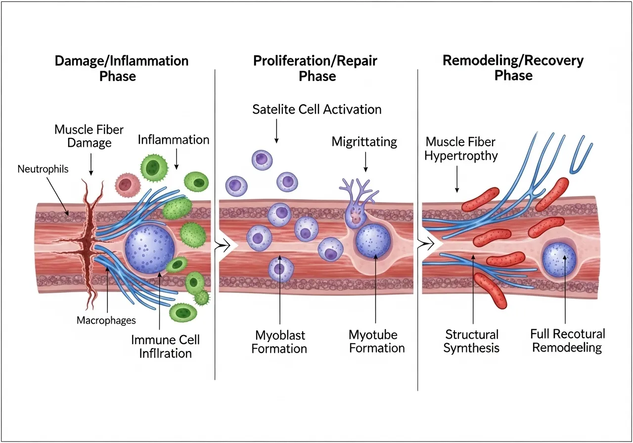 scientific illustration of muscle repair phases after training