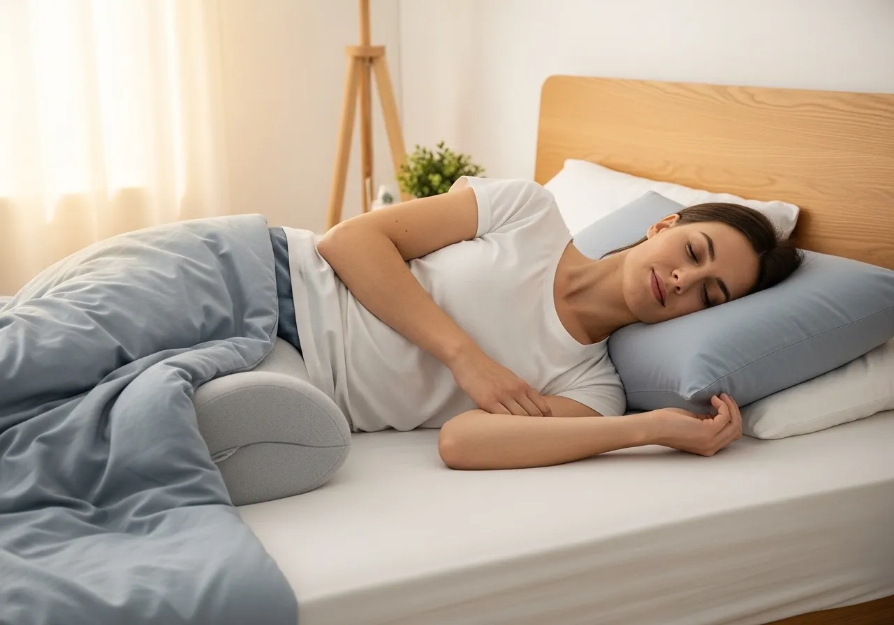 side sleeping position with pillow between knees showing correct alignment for athletes