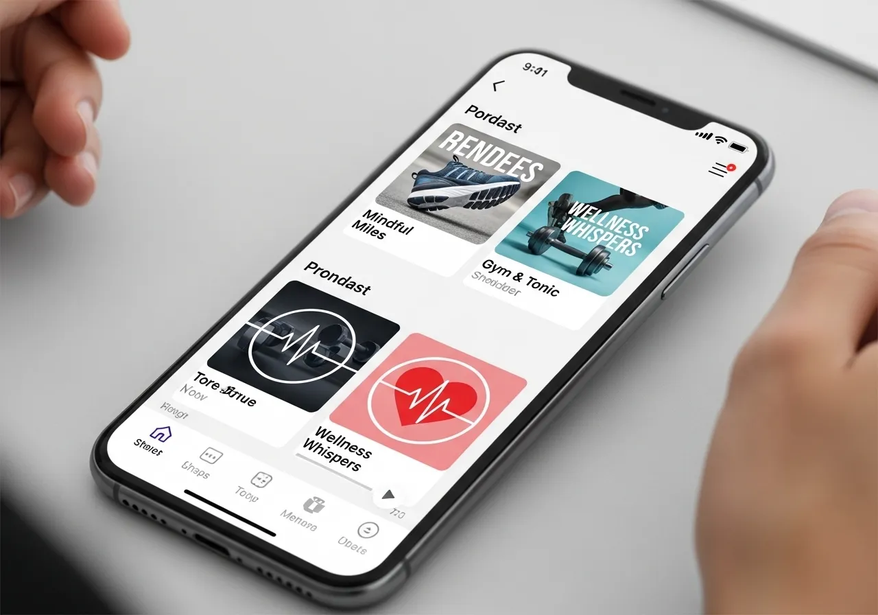 smartphone showing fitness podcast apps with Huberman Lab and Mind Pump visible