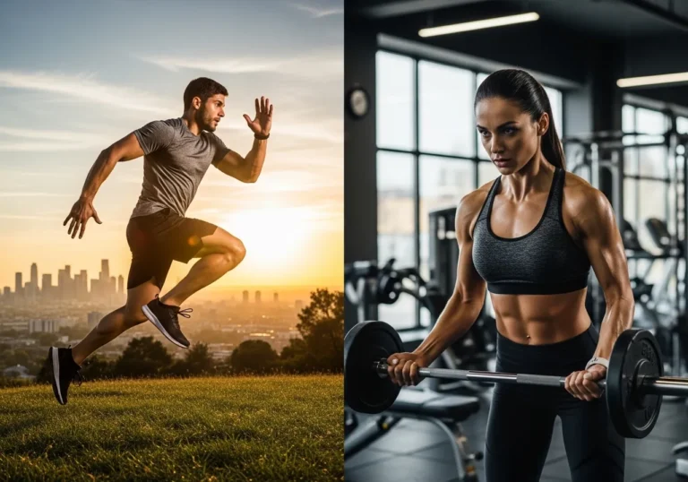 split image comparing energetic morning workout at sunrise vs evening gym session