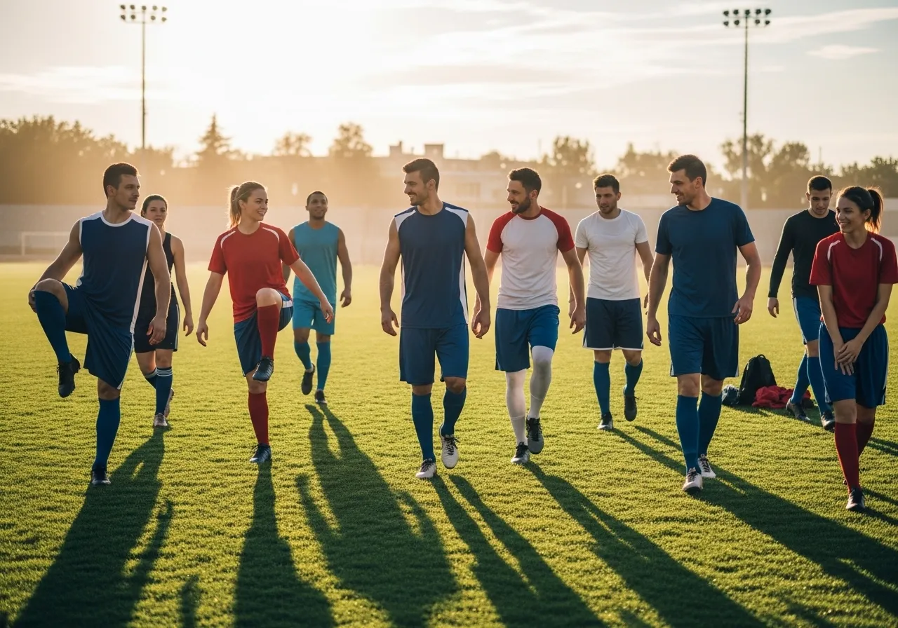 sport-specific cool-down athletes from team sport walking and stretching after game