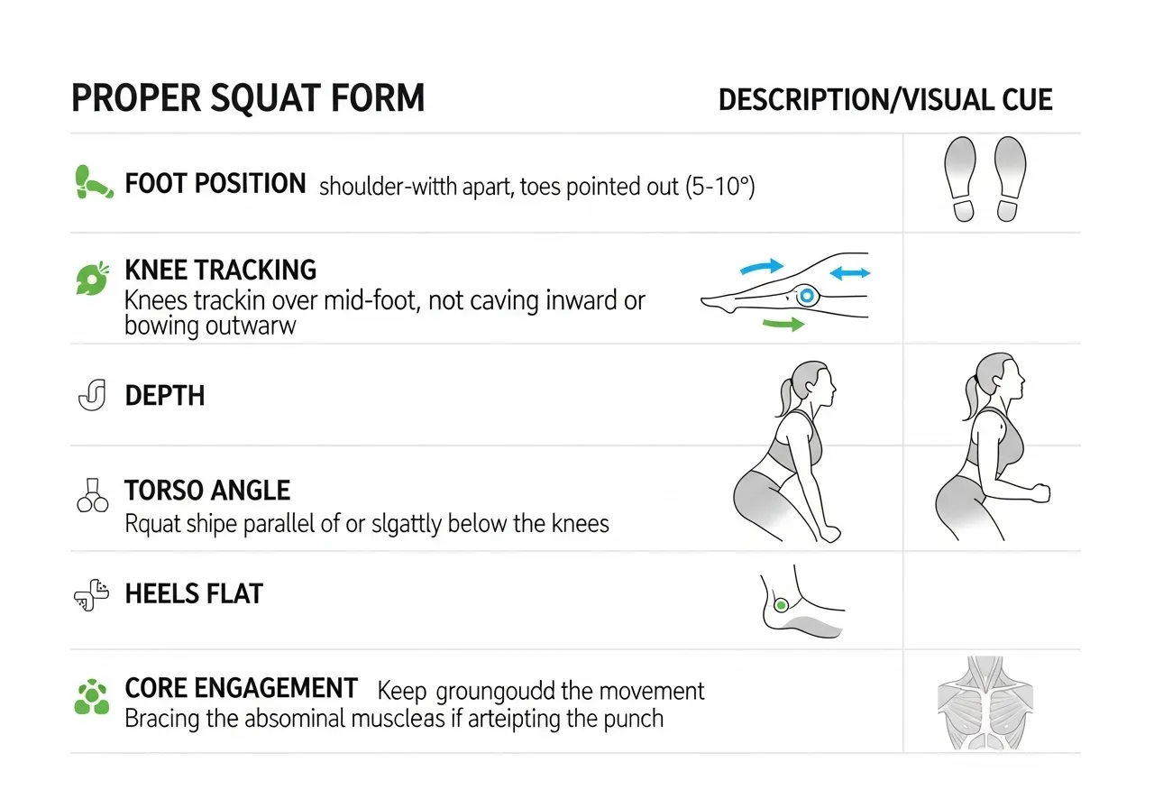squat fundamentals checkpoints foot position knee tracking depth torso
