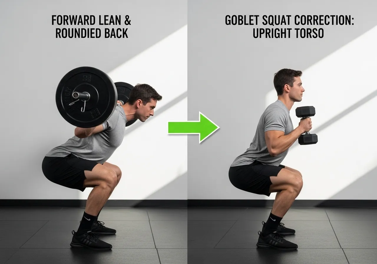 squat mistake excessive forward lean butt wink goblet squat correction