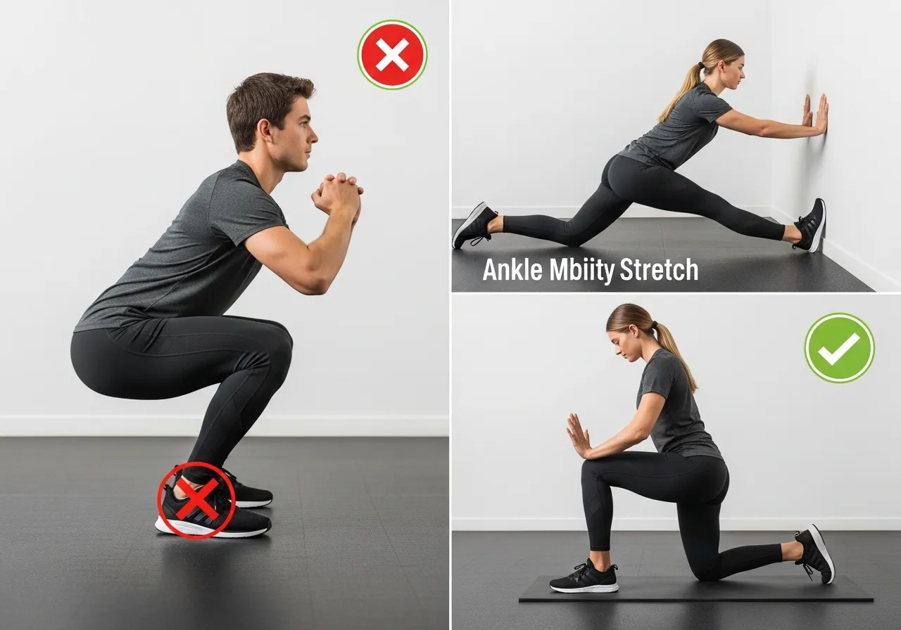 squat mistake heels rising ankle dorsiflexion limited correction stretch
