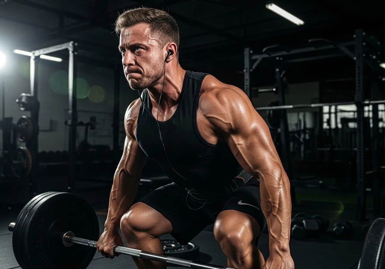 strength athlete lifting weights in gym while listening to barbell podcast through earbuds