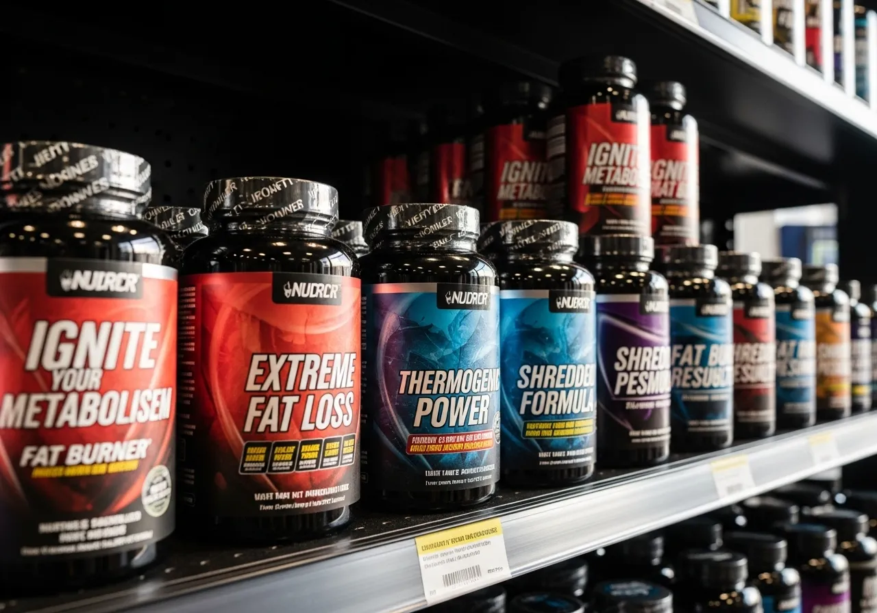 supplement store shelf full of fat burner products with bold marketing claims