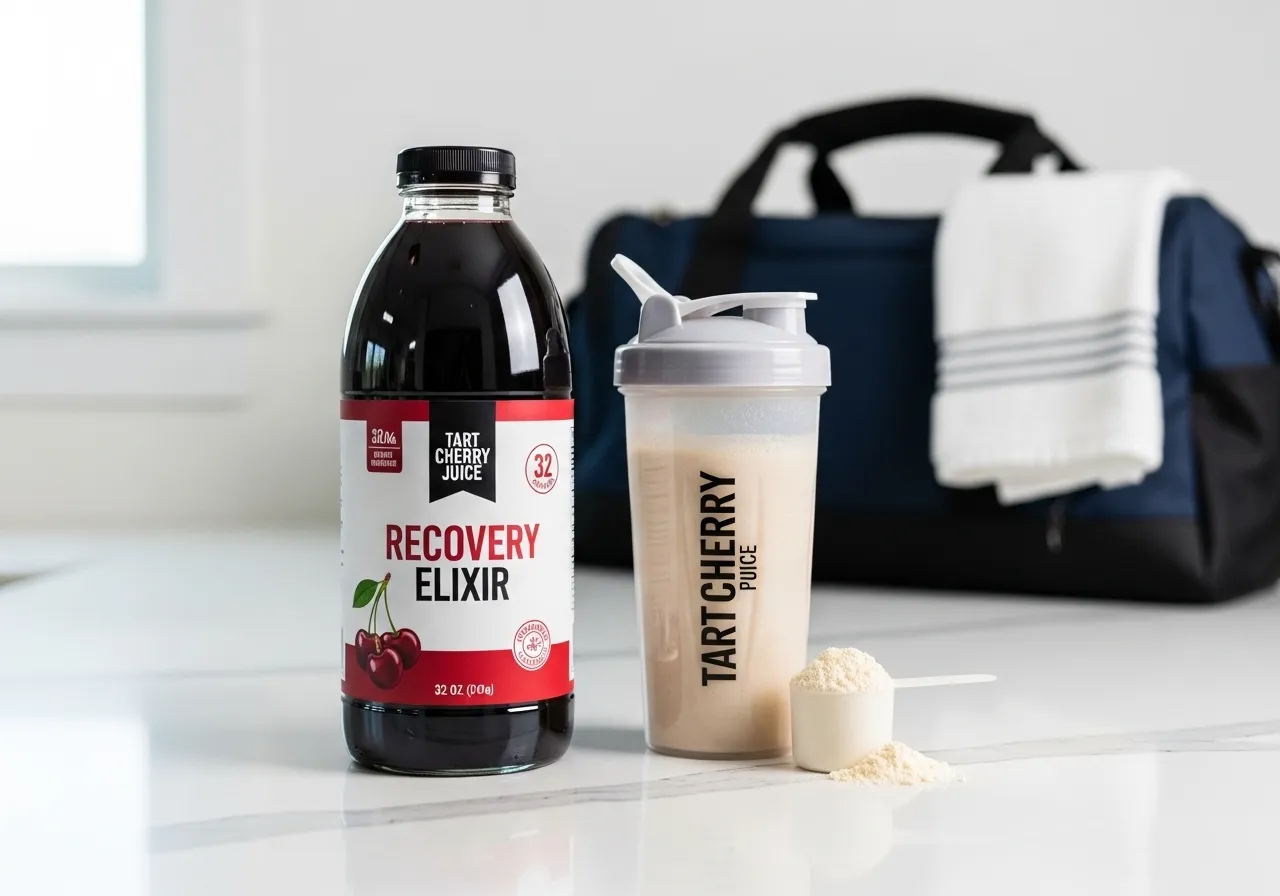 tart cherry juice and protein shake on counter as nutritional DOMS recovery tools