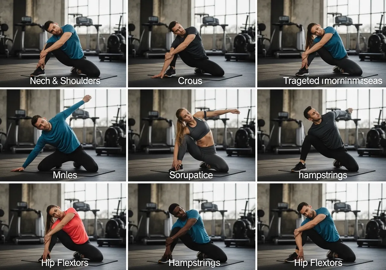 the complete morning stretch sequence: from bed to full mobility, professional fitness photography, natural gym lighting, high-detail, sharp focus, photorealistic, authentic and motivating atmosphere
