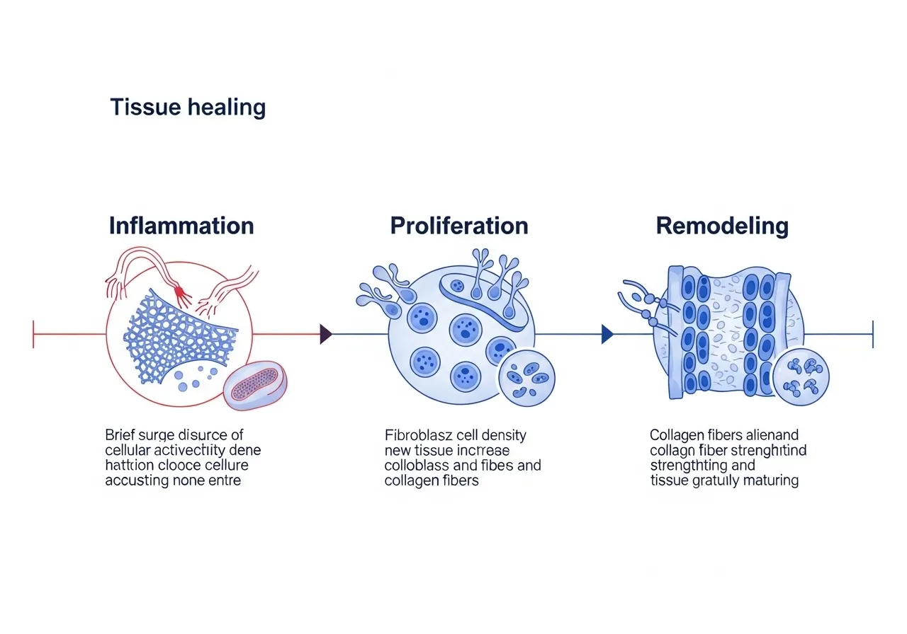 tissue healing phases diagram showing inflammation proliferation and remodeling