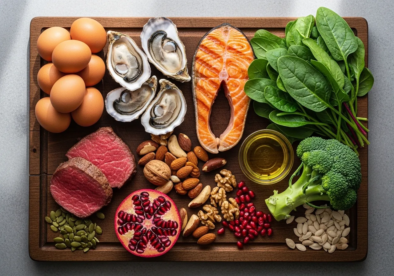 top 10 testosterone-boosting foods arranged beautifully on wooden board