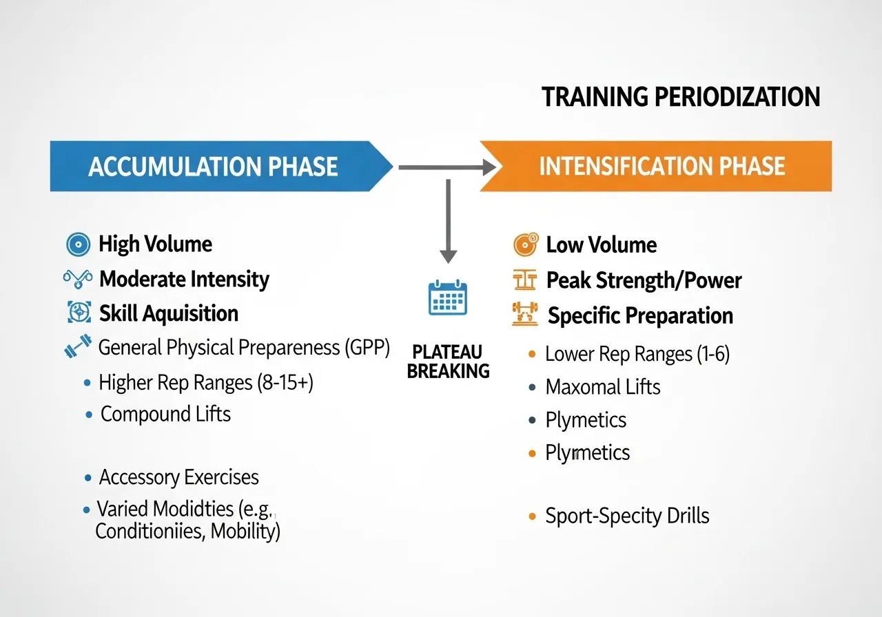 training periodization chart showing volume and intensity variation to break plateau
