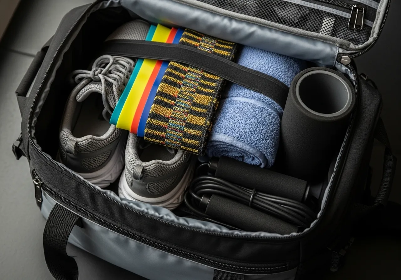  travel fitness essentials packed in bag including resistance bands and shoes
