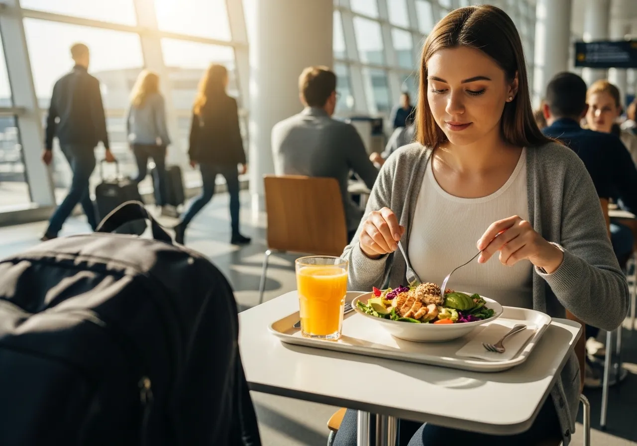 traveler choosing healthy food at airport food court for nutrition while traveling