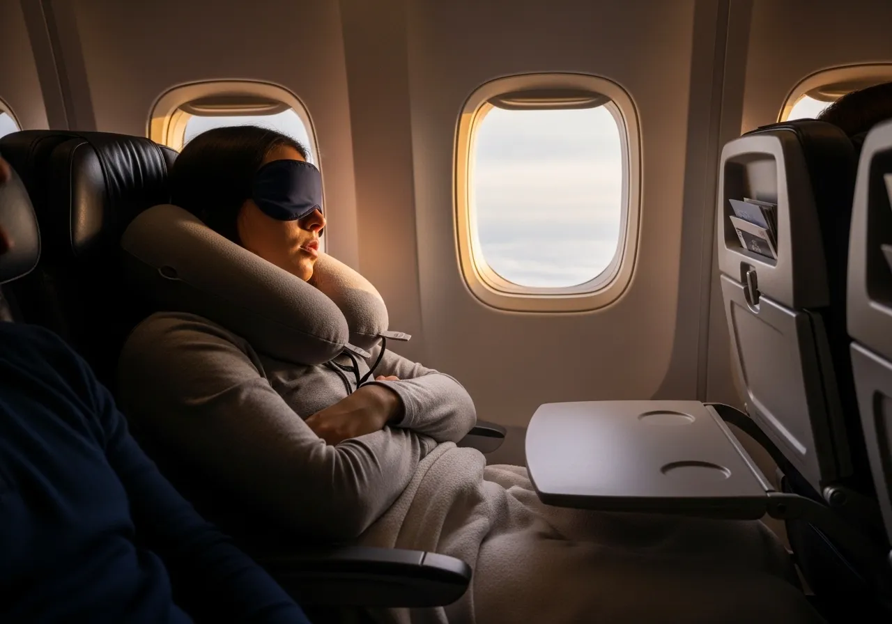 traveler sleeping on plane with sleep mask and neck pillow for recovery during travel