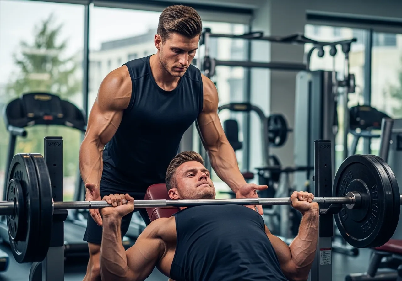 two athletes training together with one spotting bench press and one lifting