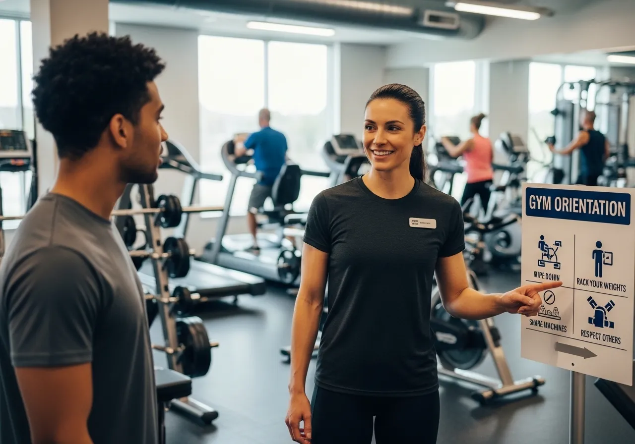 two gym members working in together sharing squat rack equipment respectfully showing positive gym culture, professional fitness photography
