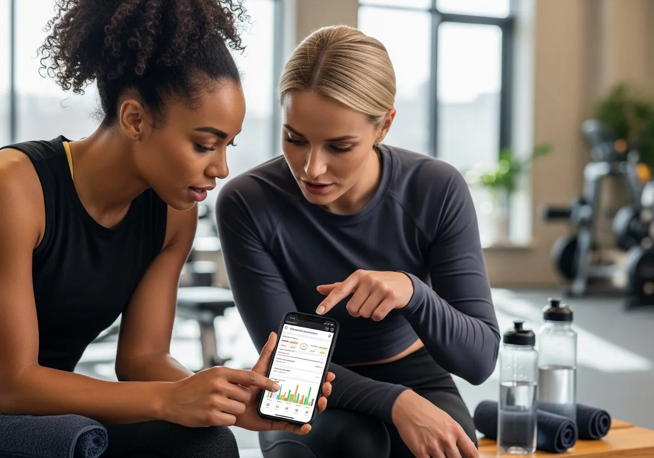 two partners reviewing shared training log on phone together