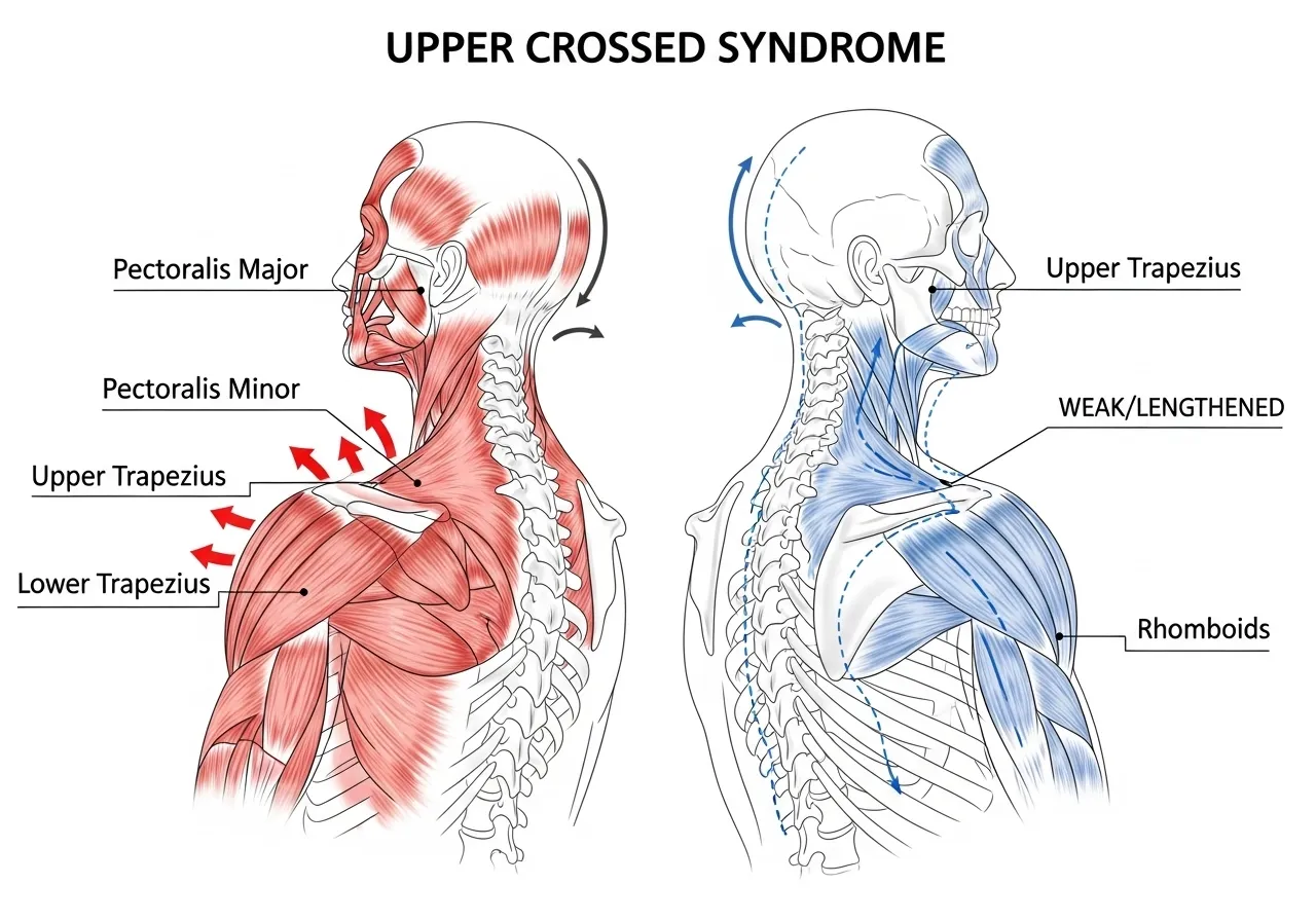 upper crossed syndrome diagram showing tight chest and weak upper back muscle imbalance pattern