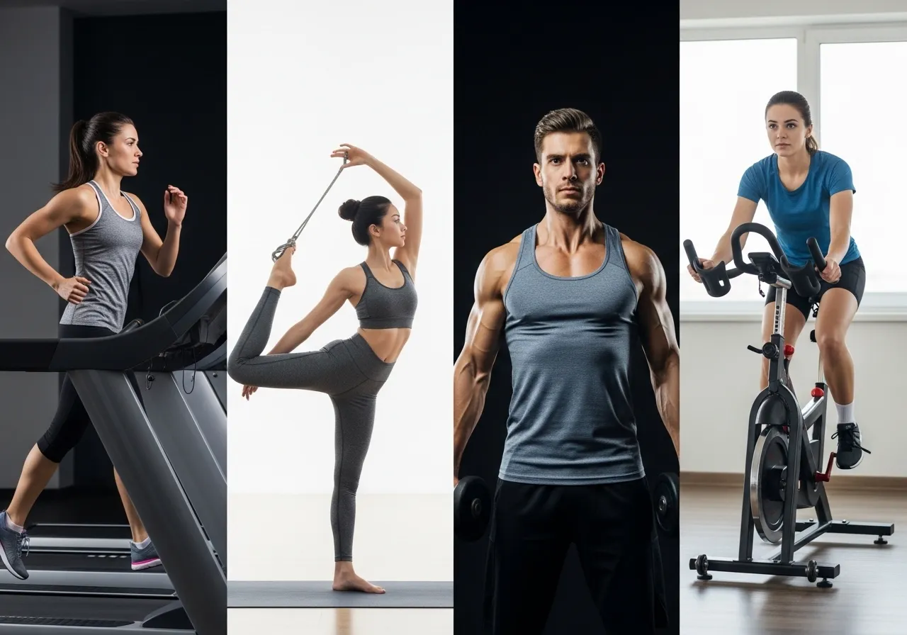 variety of different workout types shown side by side — running yoga weights cycling