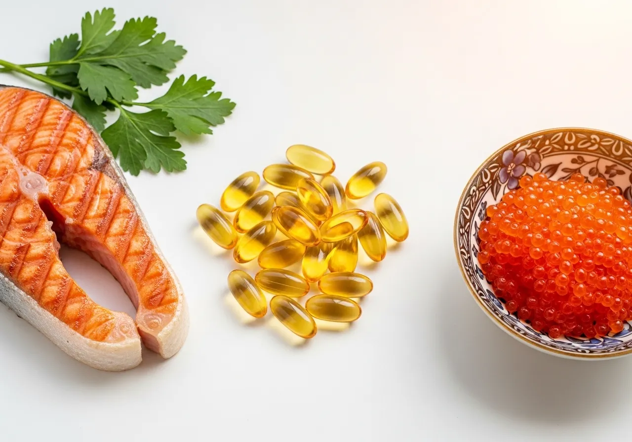 vitamin D supplement capsule with sunlight and salmon showing natural sources