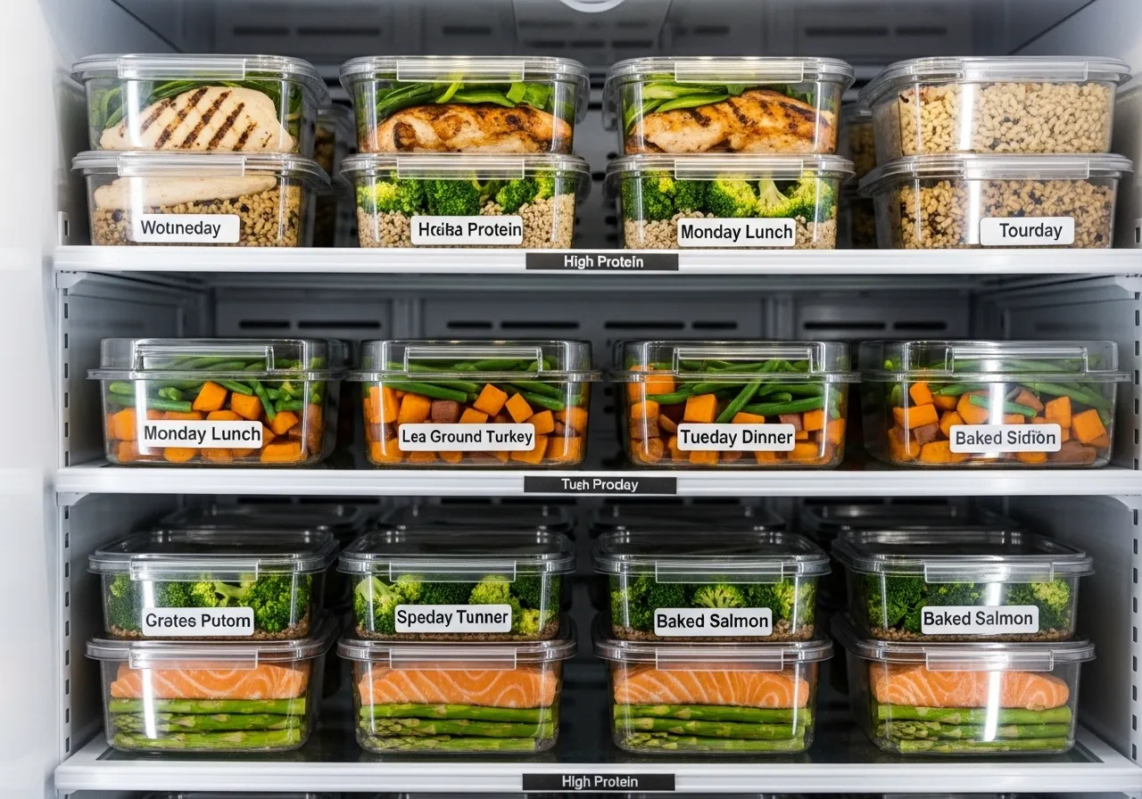 weekly high-protein meal prep containers neatly organized in refrigerator