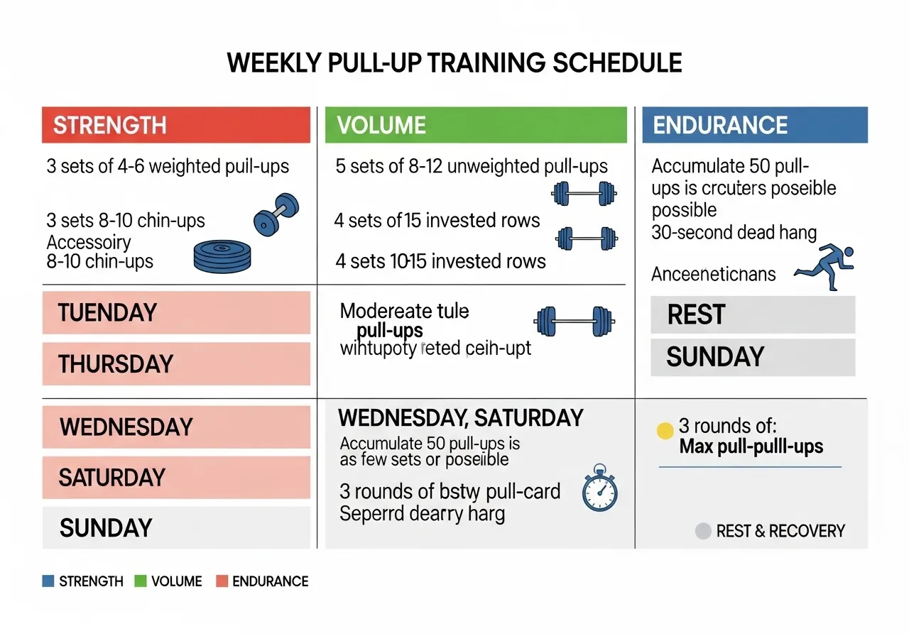 weekly pull-up training schedule showing 3-day programming structure