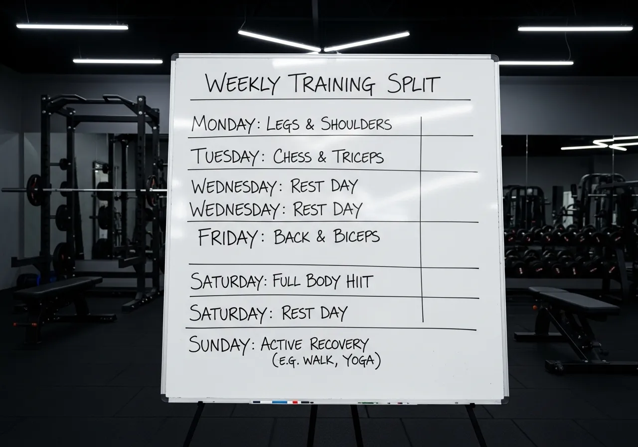weekly training split schedule written on whiteboard with workout days