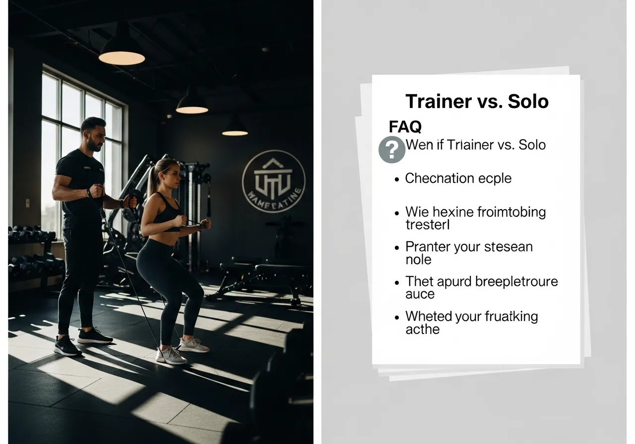 when to choose a trainer and when to train solo decision guide, professional fitness photography, natural gym lighting, high-detail, sharp focus, photorealistic, authentic and motivating atmosphere