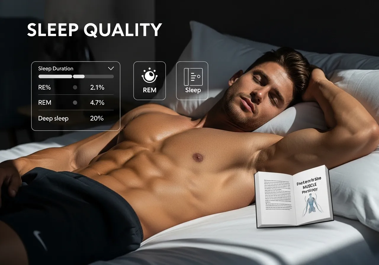 why sleep and nutrition are inseparable from muscle building process, professional fitness photography, natural gym lighting, high-detail, sharp focus, photorealistic, authentic and motivating atmosphere