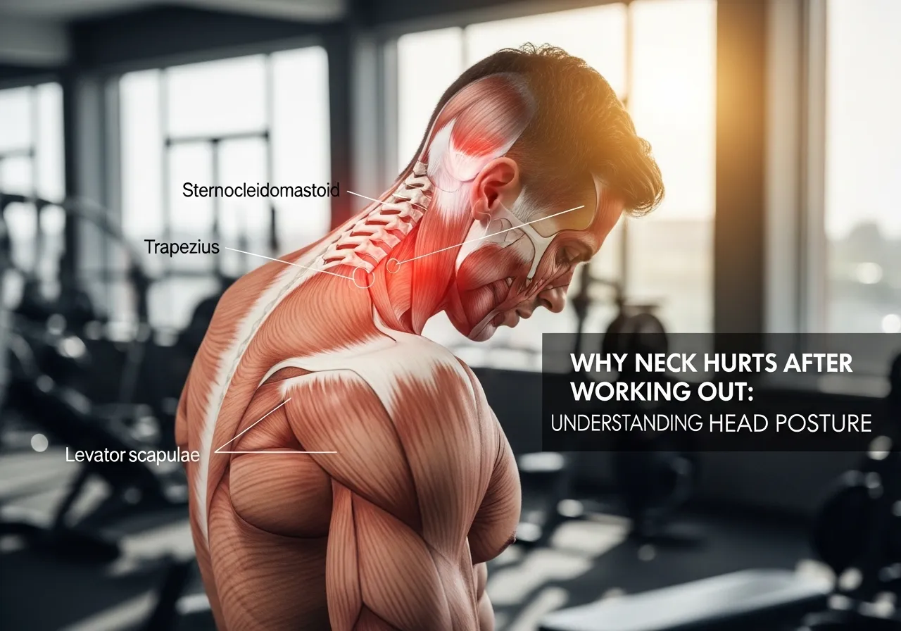 why your neck hurts after working out causes and complete treatment guide, professional fitness photography, natural gym lighting, high-detail, sharp focus, photorealistic, authentic and motivating atmosphere